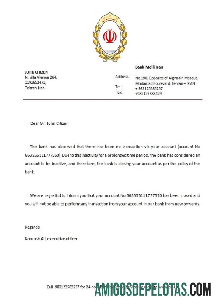 Referência de fechamento do Banco Iran Melli exemplo